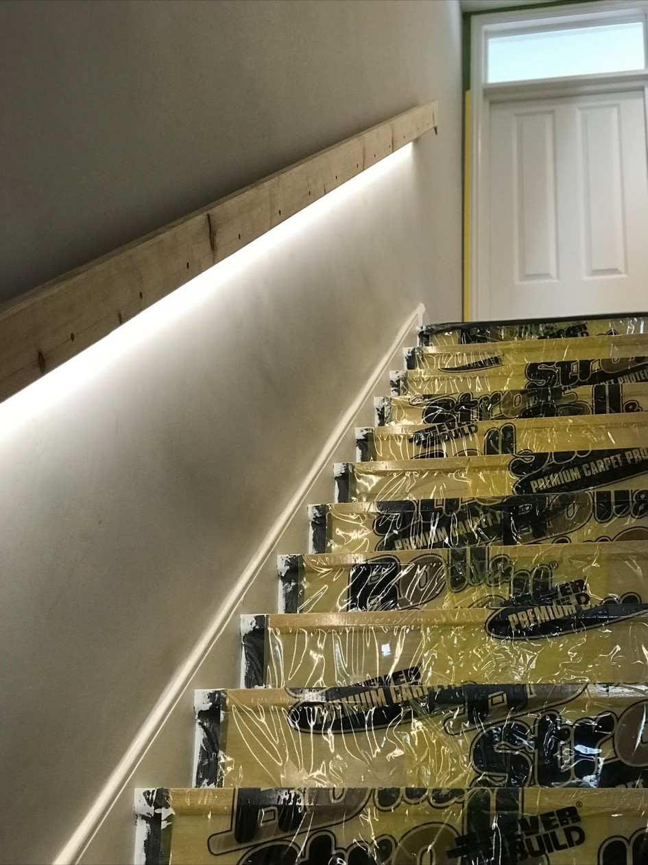 LED strip and cove lighting installed to ceilings, handrails and skylight reveals