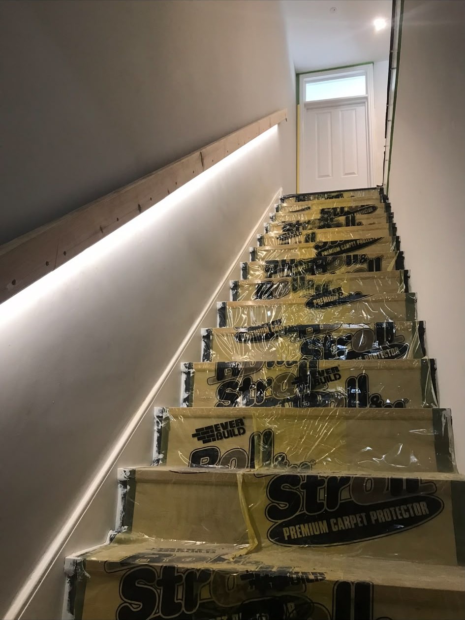 LED strip and cove lighting installed to ceilings, handrails and skylight reveals