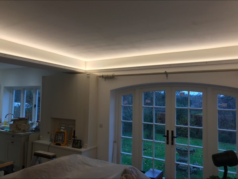LED strip and cove lighting installed to ceilings, handrails and skylight reveals