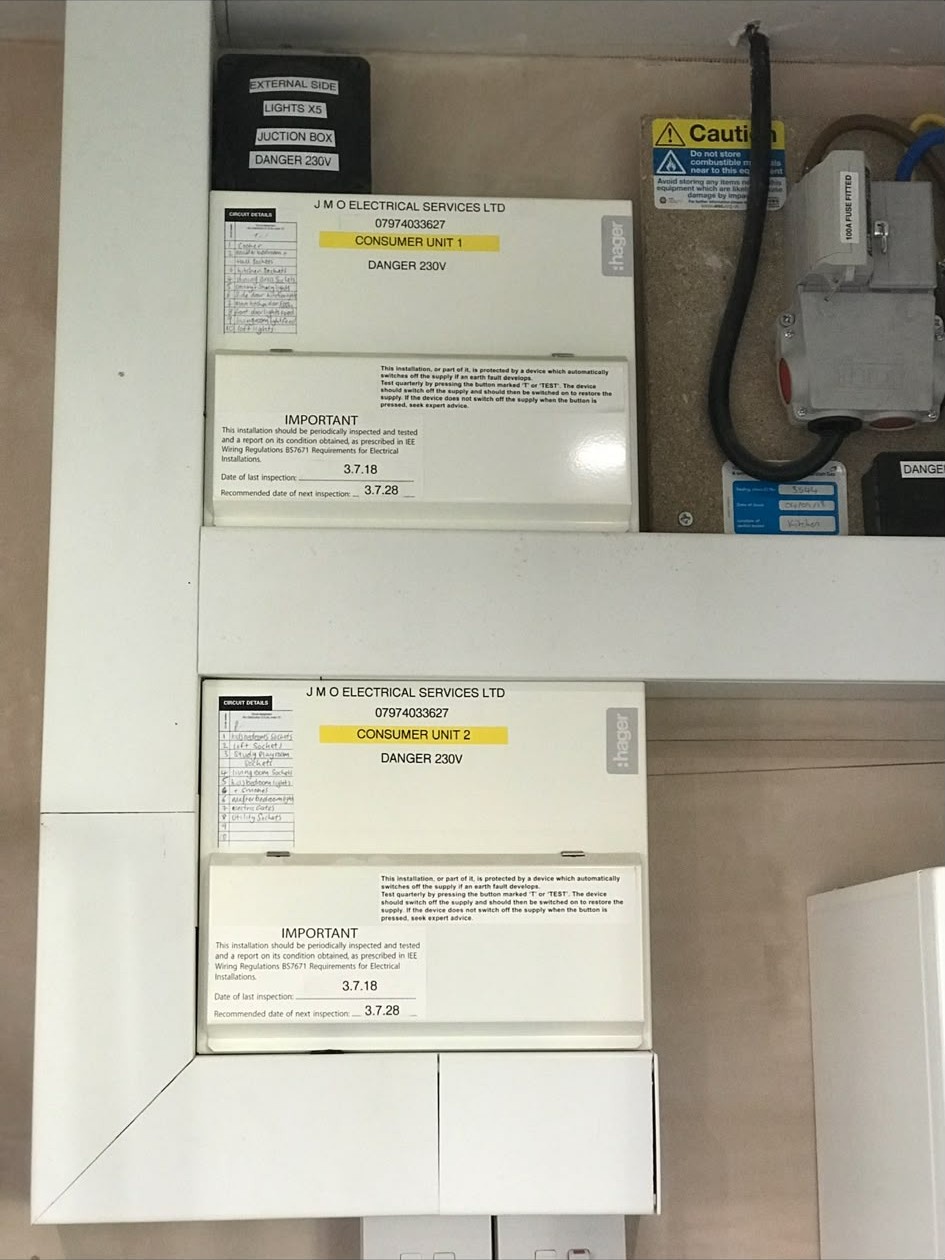 Two labelled Hager consumer units installed and certified by JMO Electrical Services