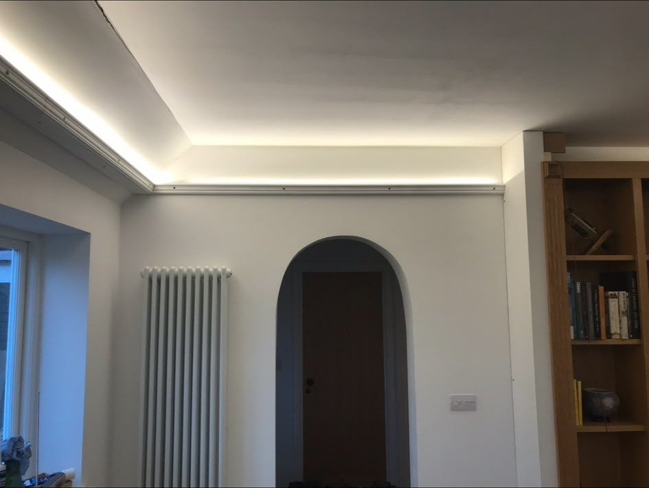 LED strip and cove lighting installed to ceilings, handrails and skylight reveals
